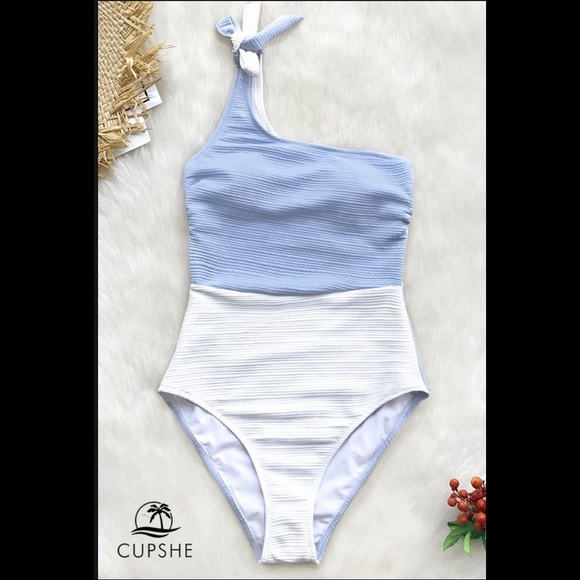 NWT Cupshe Blue and White One Shoulder Swimsuit - Picture 3 of 6